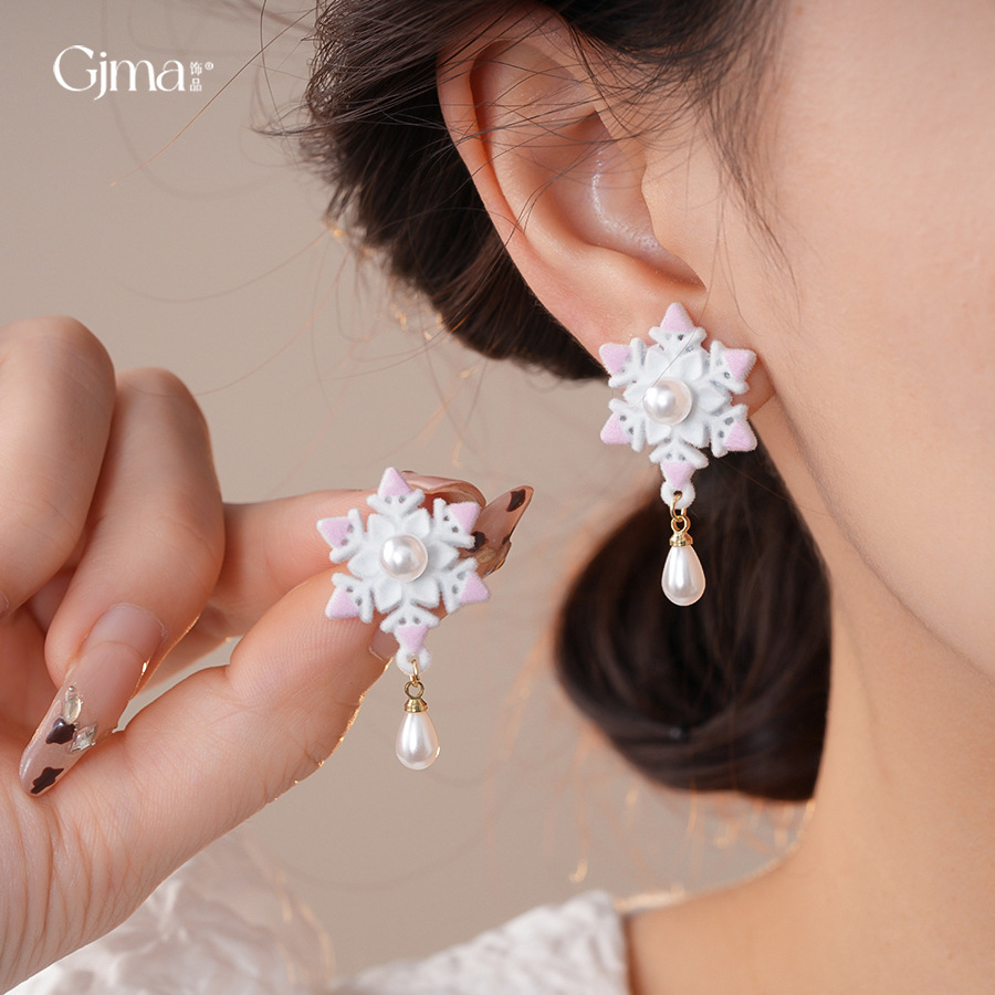 银针韩国气质雪花流苏珍珠耳环