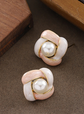 Woven Petal Studs, French Enamel Pearl Luxury Earrings