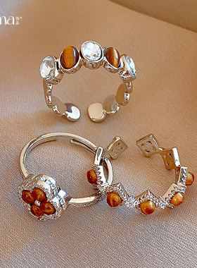 美拉德锆石几何花朵虎眼石戒指