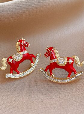 18K Gold Red Enamel Pony Stud Earrings, Silver Post
