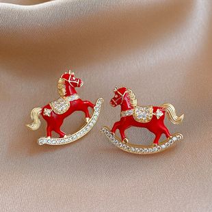 18K Gold Red Enamel Pony Stud Earrings, Silver Post