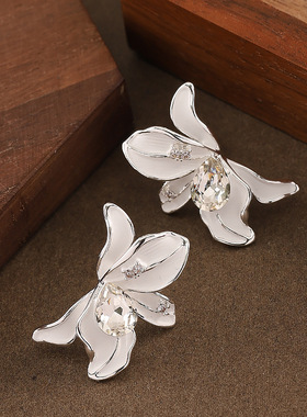 French Lacquer Studs, Enamel Diamond Floral Earrings