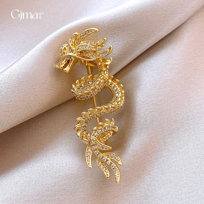 真金电镀新中式镶钻龙形胸针