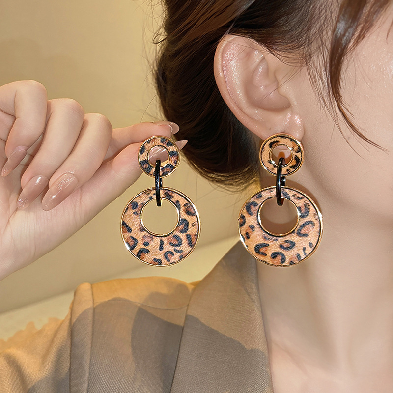 红楼银针耳钉女几何圆形豹纹耳环