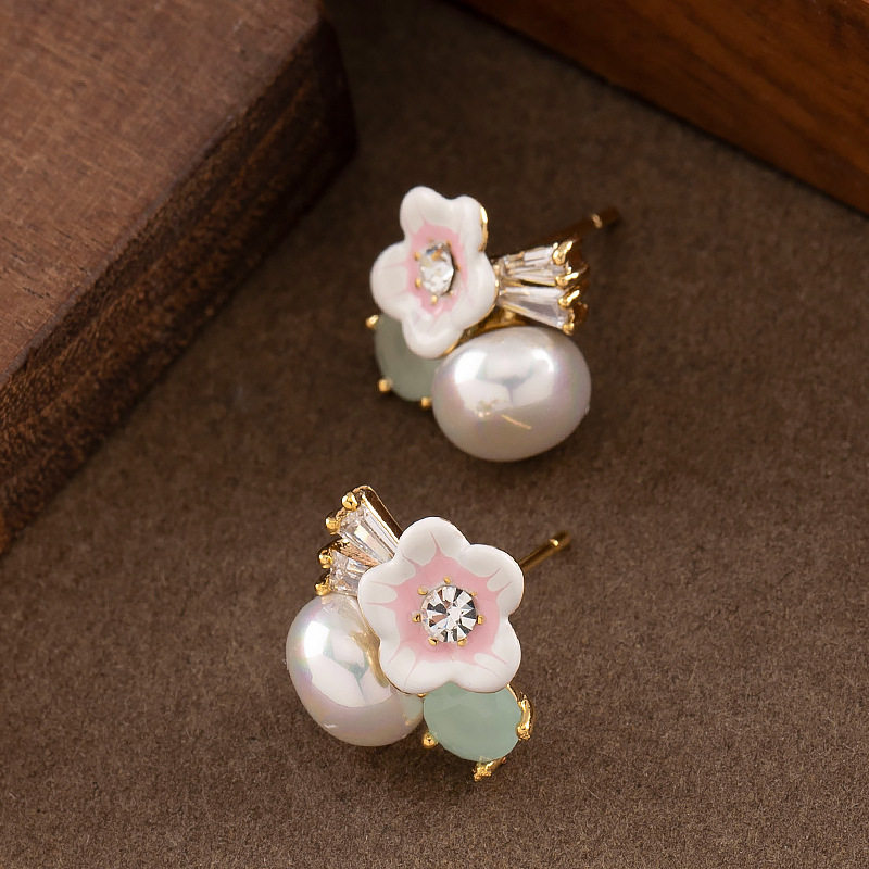 甜美精致小清新镶钻珍珠花朵耳钉