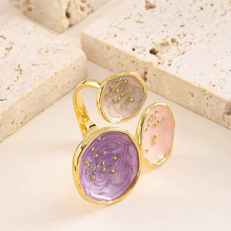 甜美珐琅滴釉荷叶可调节开口戒指