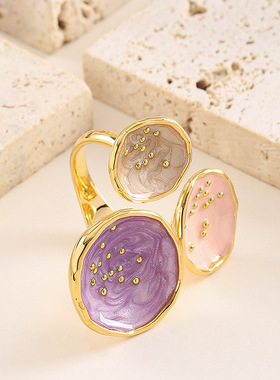 甜美珐琅滴釉荷叶可调节开口戒指