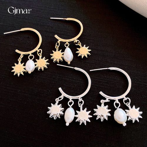 18K金不锈钢淡水珍珠小太阳耳环