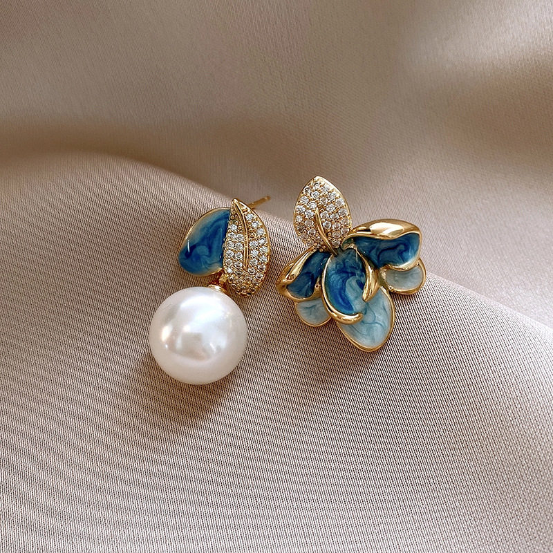 银针锆石珍珠滴油花朵耳环