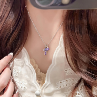 Purple Zircon Cross Clip Earrings Asymmetric Jewelry