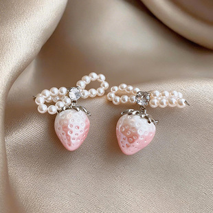 Sweet Strawberry Studs Bow Zircon Pearl Earrings