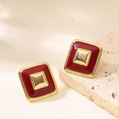 法式复古个性珐琅滴釉方形耳钉