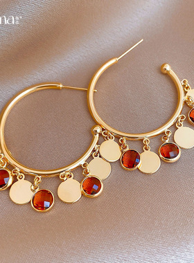 18K Gold Drop Earrings, Glass Circle Vintage Luxury Studs