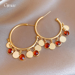 18K Gold Drop Earrings, Glass Circle Vintage Luxury Studs