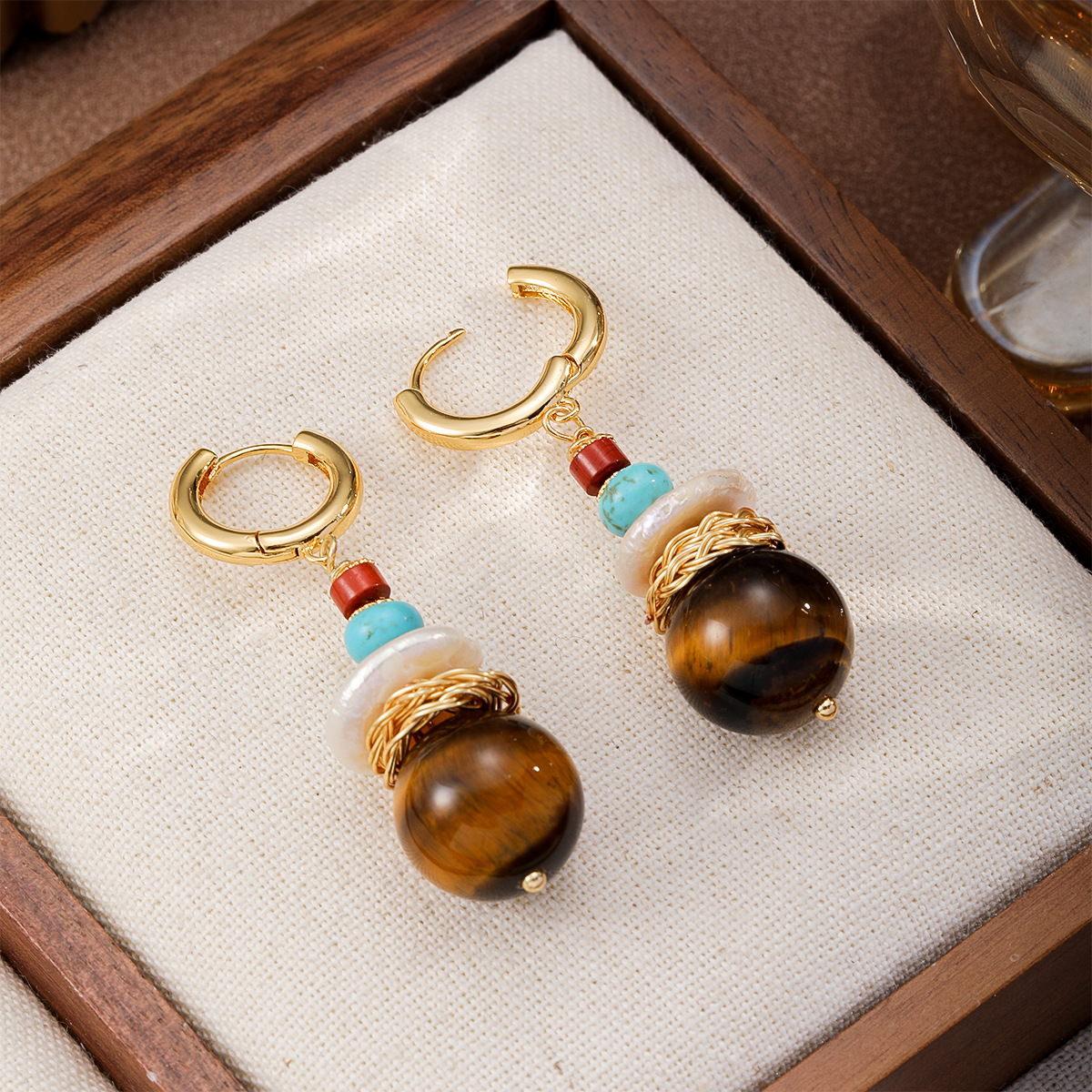 中古A类虎眼石巴洛克珍珠耳饰