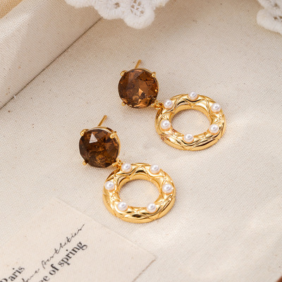 咖色水钻法式复古耳环S925银针