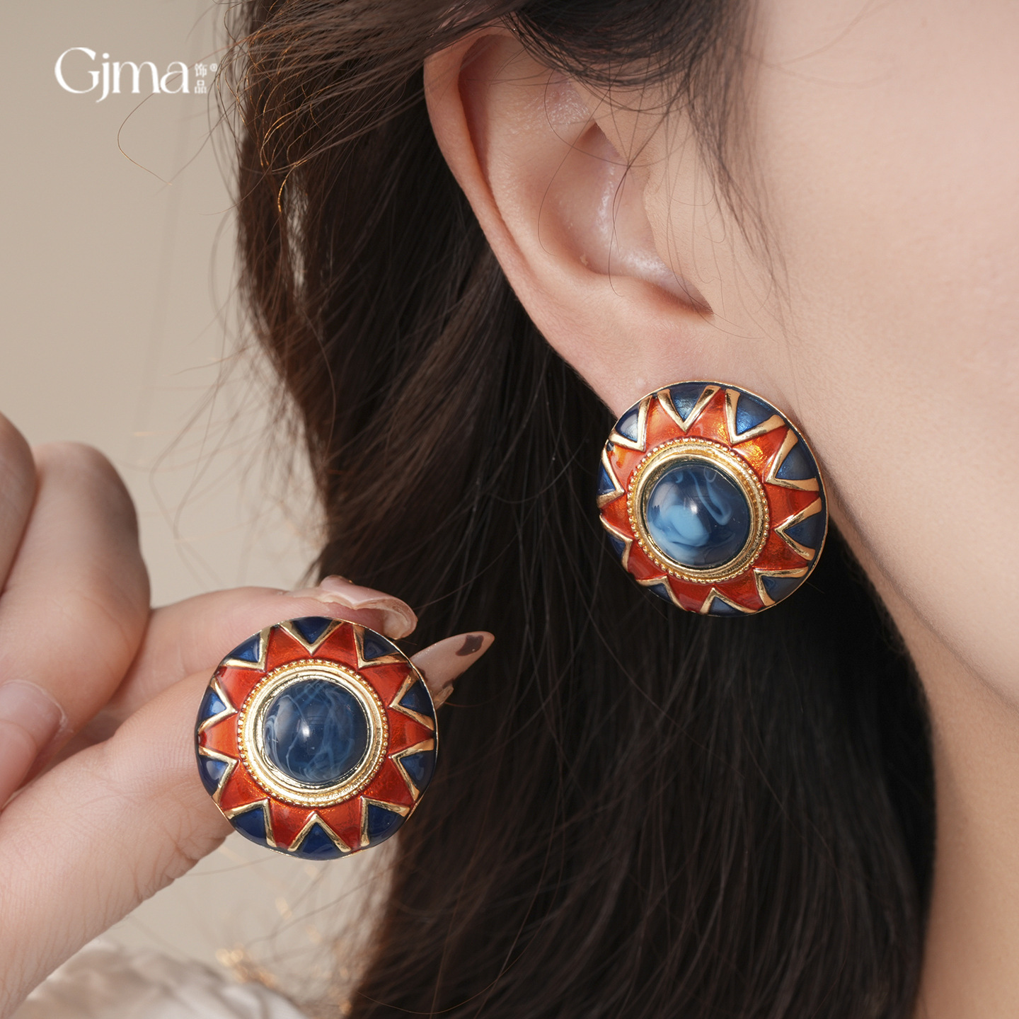 中古vintage蓝色树脂镶钻耳环