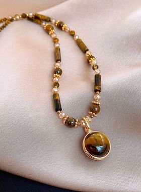 复古几何串珠虎眼石项链毛衣链