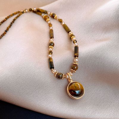 复古几何串珠虎眼石项链毛衣链