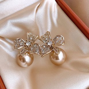 Vintage Crystal Flower Pearl Stud Earrings, Silver Post