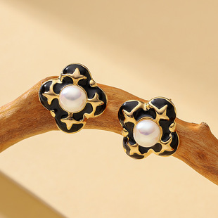 French Enamel Earrings Minimalist Pearl Clover Studs