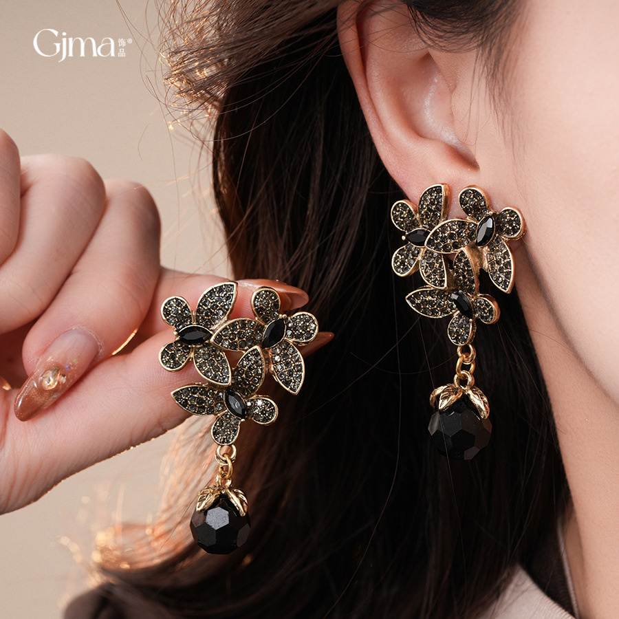 银针欧美暗黑风镶钻花朵流苏耳环