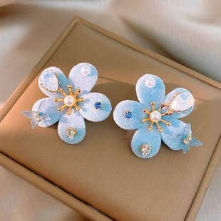 Zircon Earrings Velvet Studs Floral Sweet Pearl French