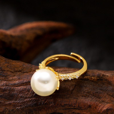 网红镶钻珍珠可调节开口戒指