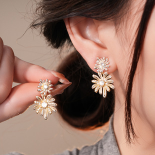 Korean Zircon Enamel Flower Stud Earrings, Silver Post