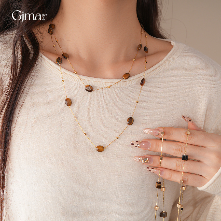 复古中古风几何虎眼石项链