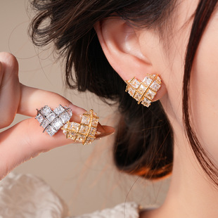 18K Gold Heart Studs, French Zircon Vintage Luxury Earrings