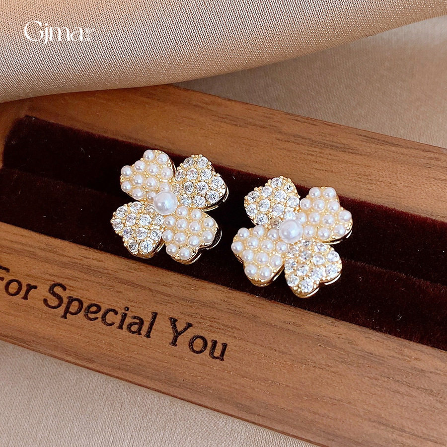 14k真金电镀锆石花朵珍珠耳钉