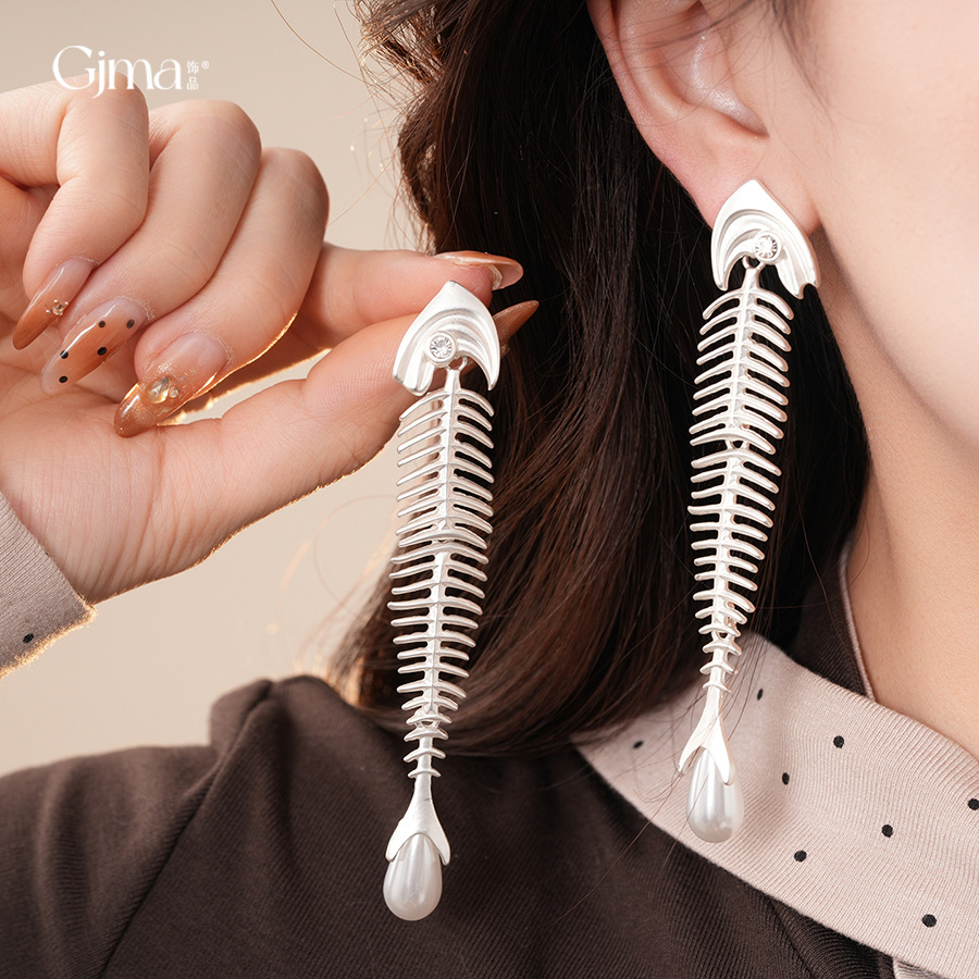 银针欧美跨境锆石鱼骨珍珠耳环