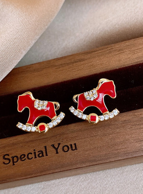 18K Gold Plated Red Enamel CZ Horse Stud Earrings