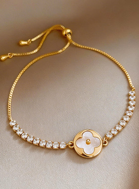 法式超闪锆石贝母圆形花朵手链