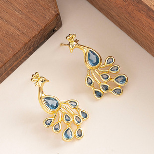 Crystal Peacock Earrings, Sparkling Elegant Silver Studs