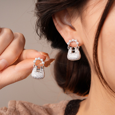 韩系精致锆石包包珍珠耳钉