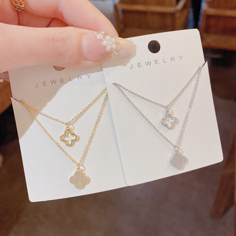 2022年新款潮气质时尚简约半双层四叶花项链女个性轻奢设计感配饰,饰品/流行首饰/时尚饰品新,项链,淘宝优惠券,粉丝福利购,淘宝优惠卷