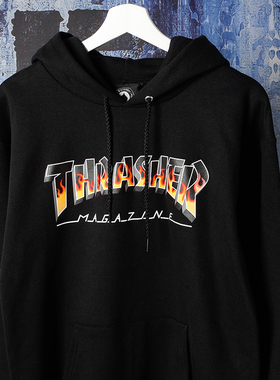 阿瞳牛社美式街头潮牌Thrasher火焰连帽加绒卫衣男套头外套秋冬季