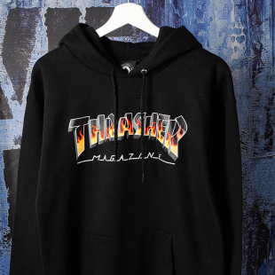 阿瞳牛社美式街头潮牌Thrasher火焰连帽加绒卫衣男套头外套秋冬季