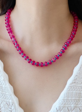 高品质~多巴胺火龙果玉髓蓝松石串珠女锁骨链夏小众度假