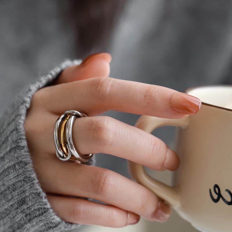不掉色~ins博主同款金银撞色多层戒指女指环潮人食指小众叠戴