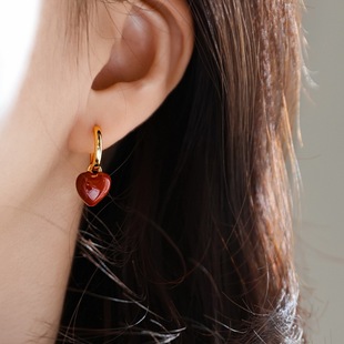 高品质 复古高级感气质精致酒红立体爱心耳环耳扣耳圈新年秋冬