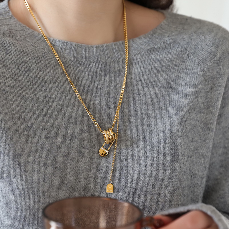 不掉色~小众高级轻奢磨砂三环曲别针长款项链女毛衣链镀18K金配饰