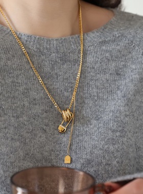 小众高级磨砂三环曲别针长款项链