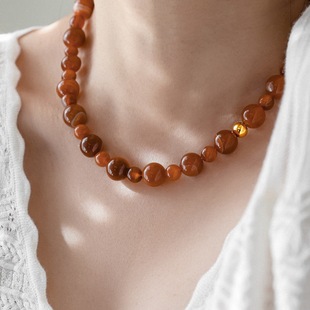 MOL 复古暖橘红色玛瑙串珠项链锁骨链小众轻奢配饰礼物不掉色 法式