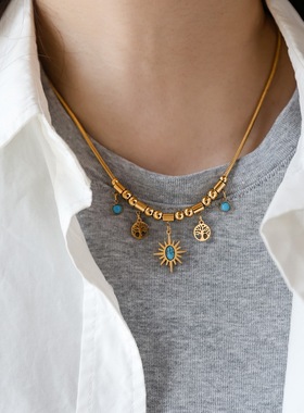 不掉色天然石蓝松石太阳串珠项链