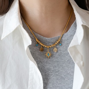 不掉色~天然石蓝松石太阳串珠项链女锁骨链颈链小众高级毛衣链