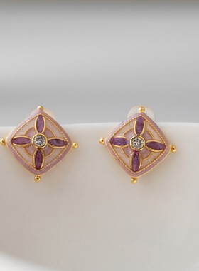 高品质小众设计感简约紫色花纹方形气质百搭耳钉女耳环无耳洞耳夹