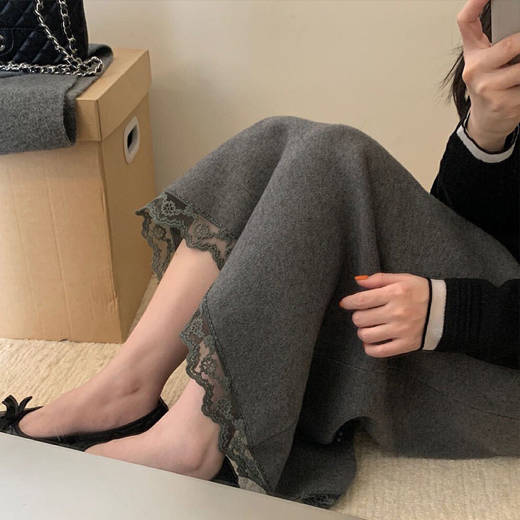强烈推荐！蕾丝拼接半身裙女早冬新款加厚高腰显瘦百搭针织中长裙
